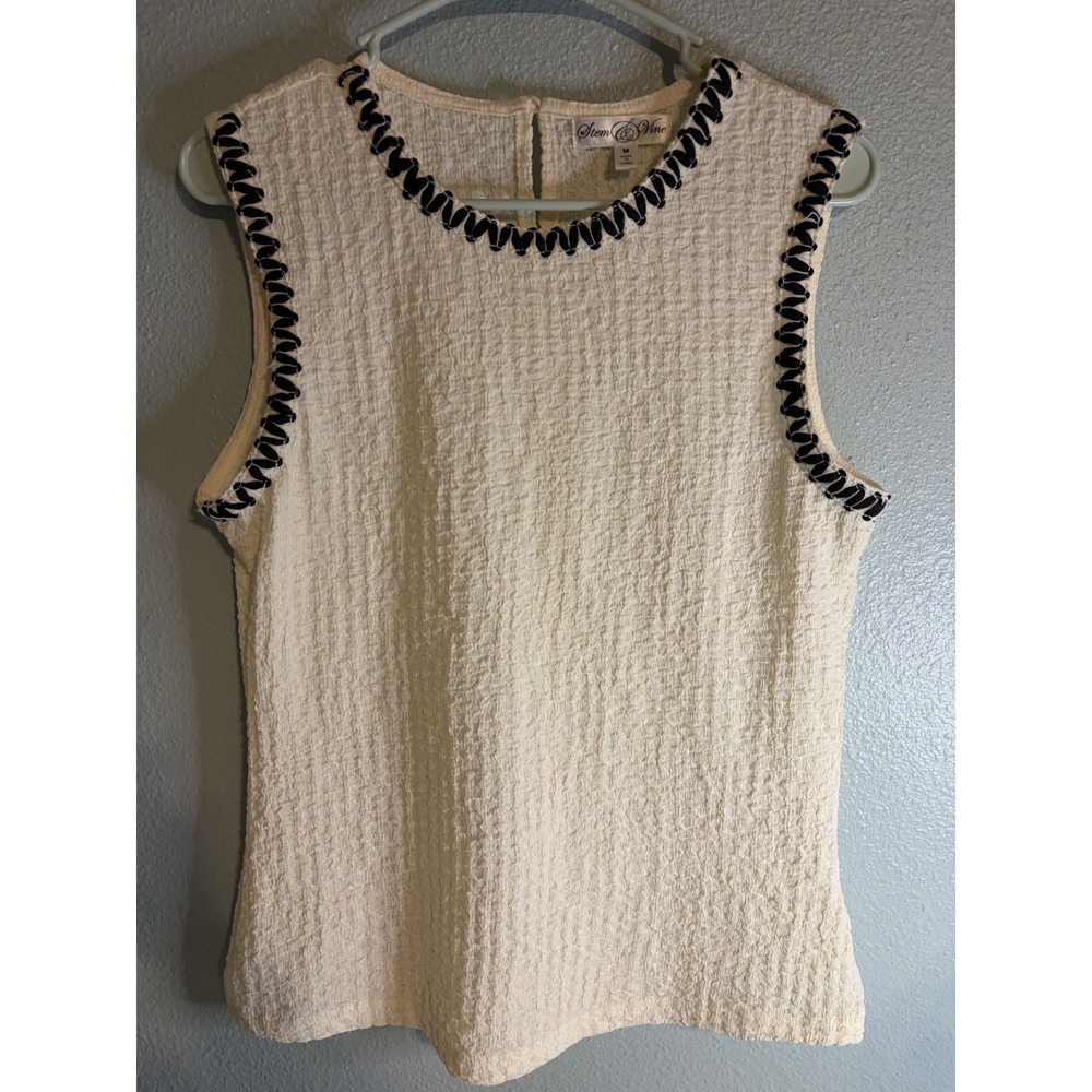 Stem & Vine Women Cream Textured Sleeveless Top Black Whipstitch Trim Size M